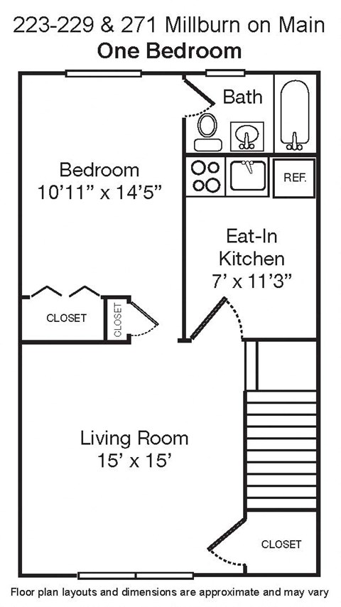 Floor plan for 1 bed, 1 bath